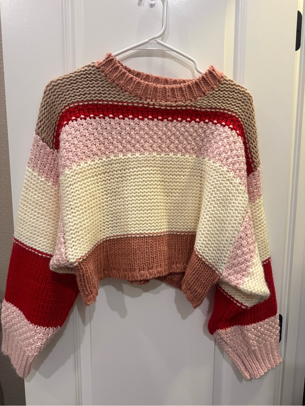 Altar'd State Cropped Chunky Colorblock Sweater - Red, Pink, Cream, Tan